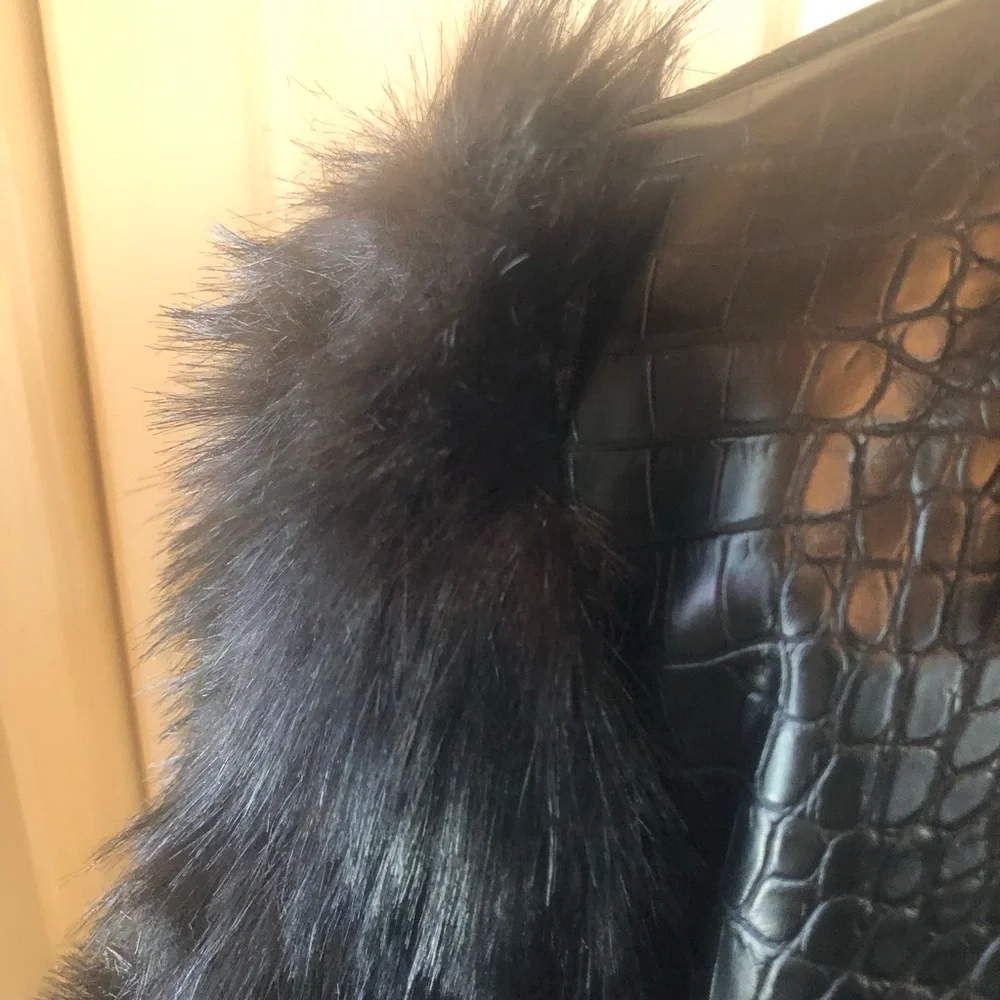 Black Croc-Embossed Faux Leather Moto Jacket with Faux Fur Sleeves